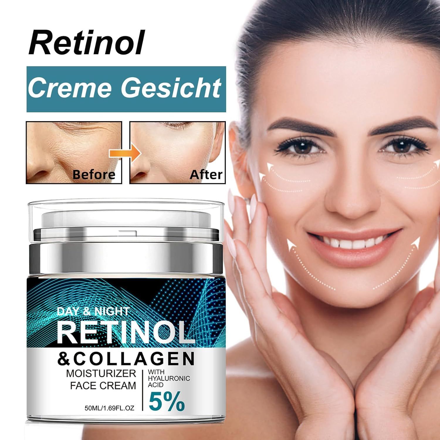 Crème visage Soleneva Rétinol avec un mannequin et le pot du produit.