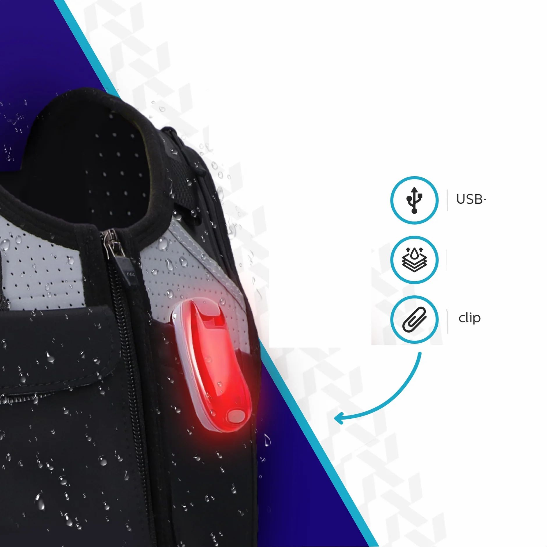 Gilet de course noir avec lumière LED rouge. Port USB, étanche et fonction clip. Éléments réfléchissants.