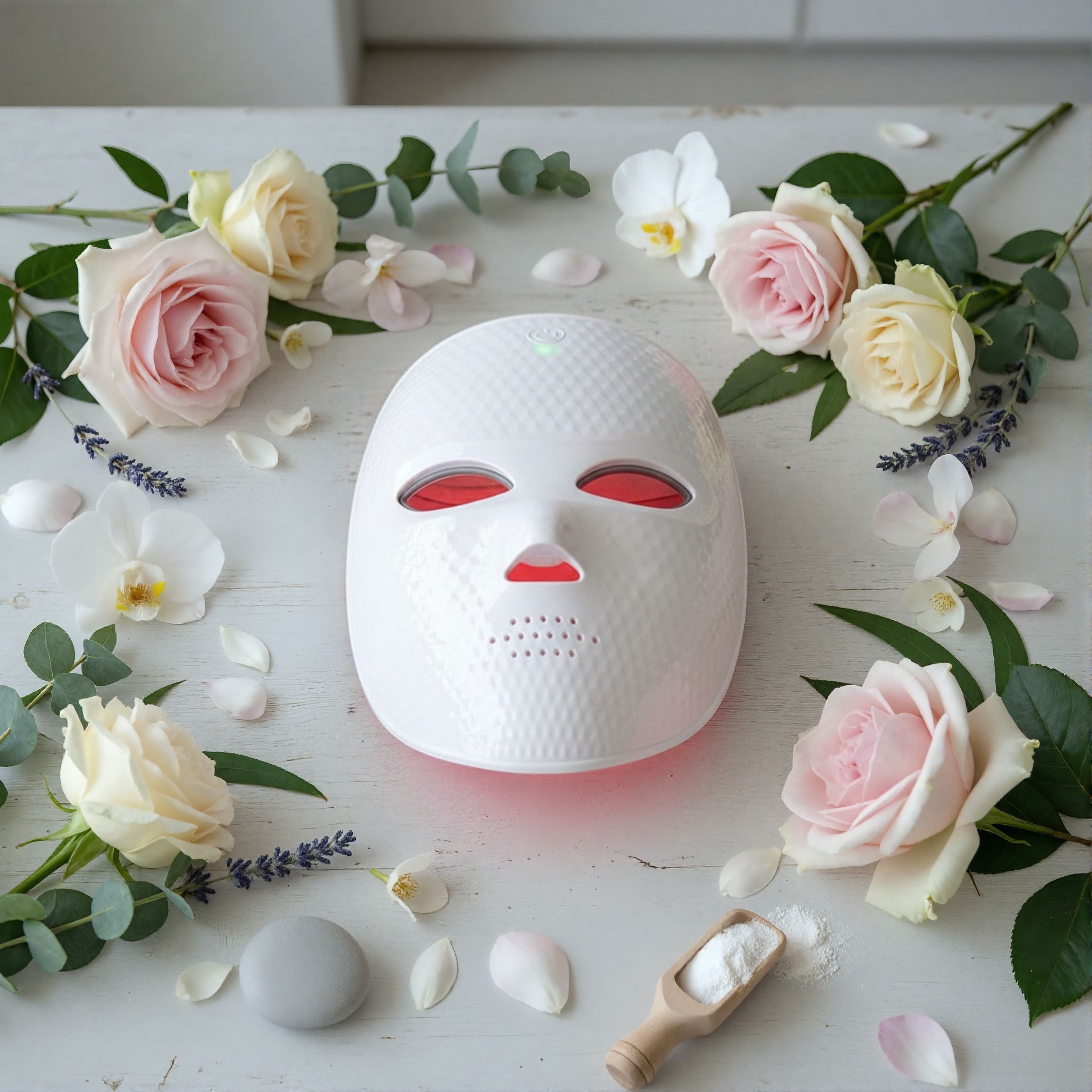 Wit LED-gezichtsmasker, omringd door bloemen en bloemblaadjes. Honingraatoppervlak.