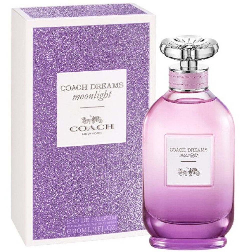 Parfumfles en doos. Fles roze-paars, zilveren dop. Paarse glitterdoos. Tekst: Coach Dreams Moonlight.