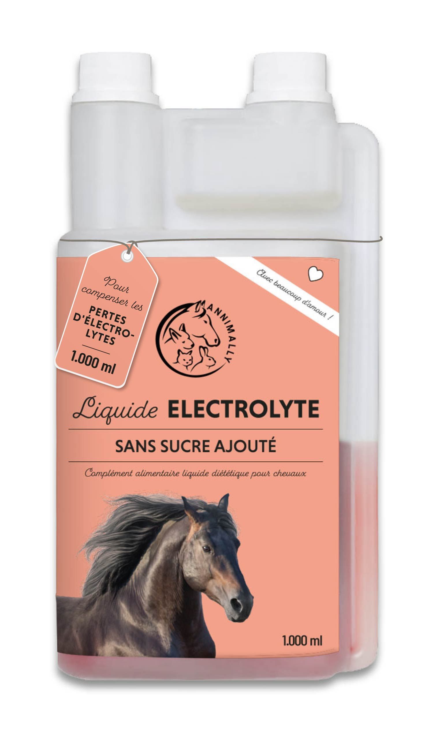 Flacon de produit avec étiquette. Texte : Electrolyte Liquid, sans sucre ajouté. Complément alimentaire pour chevaux. Contenu : 1 000 ml.