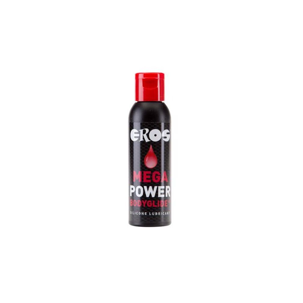 Zwarte fles met rode fliptopdop. Etiket met "EROS MEGA POWER BODYGLIDE SILICONE LUBRICANT".
