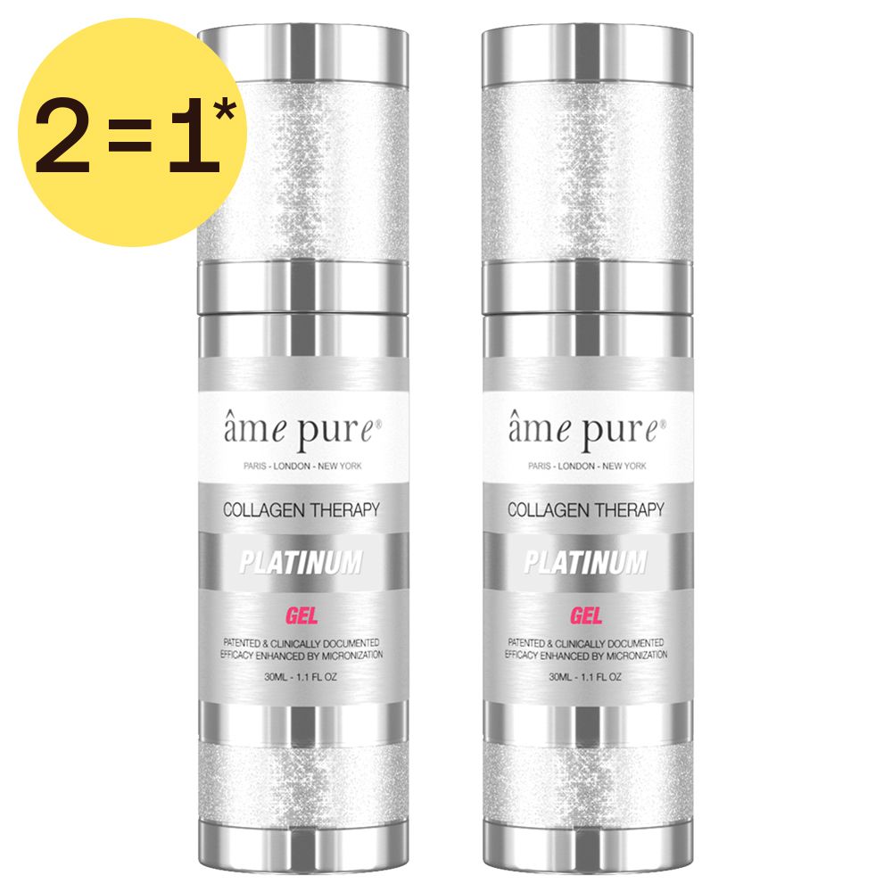 Deux flacons de gel platine âme pure Collagen Therapy côte à côte, avec indication 2=1*.
