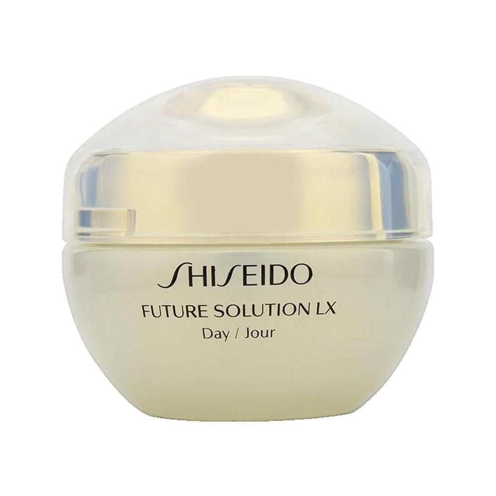Pot de crème avec couvercle. Inscription : SHISEIDO, FUTURE SOLUTION LX, Day / Jour.