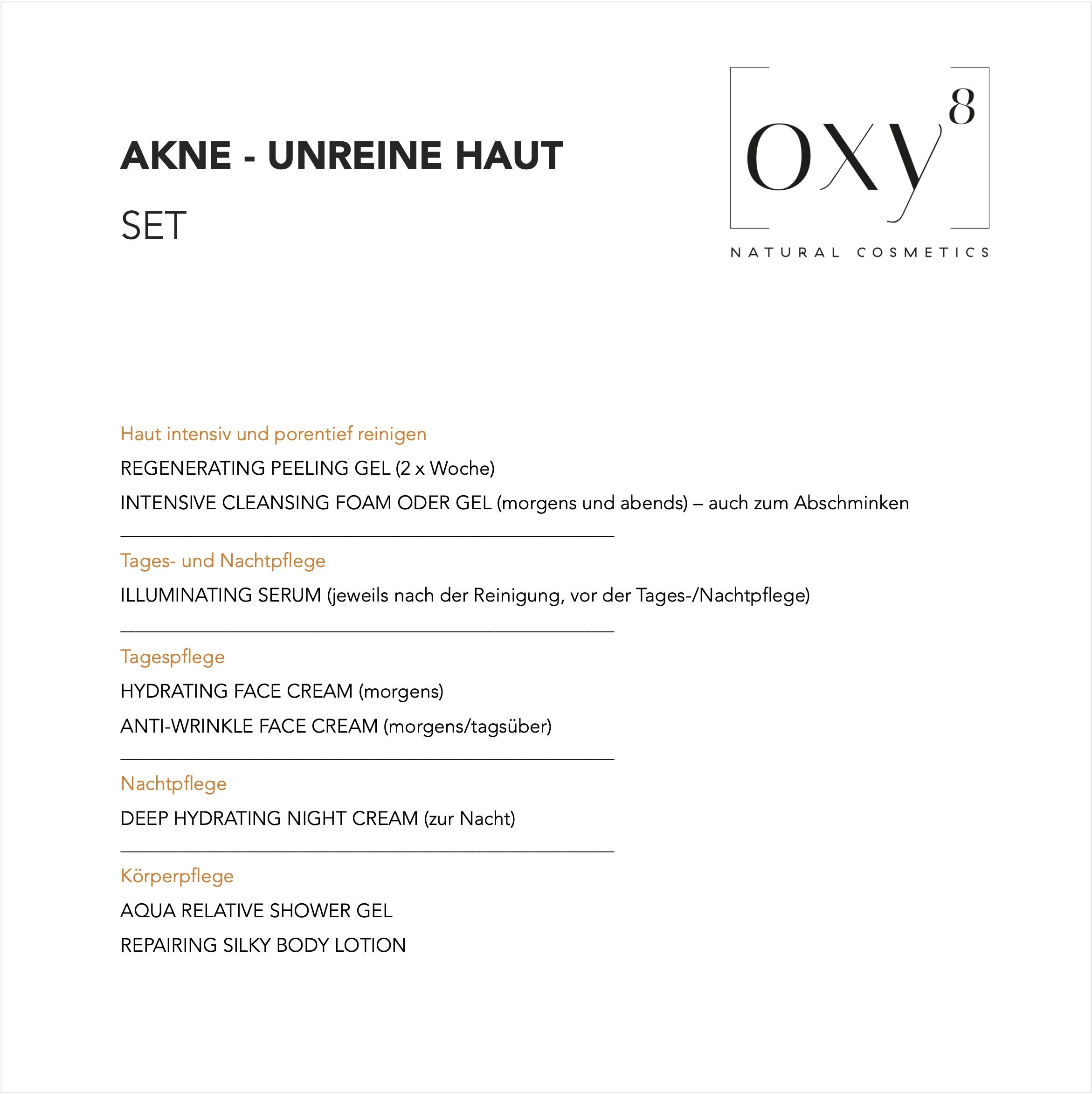 Productlijst voor de AKNE Set van oxy8 Naturkosmetik. Bevat producten voor reiniging, verzorging en behandeling van een onzuivere huid.