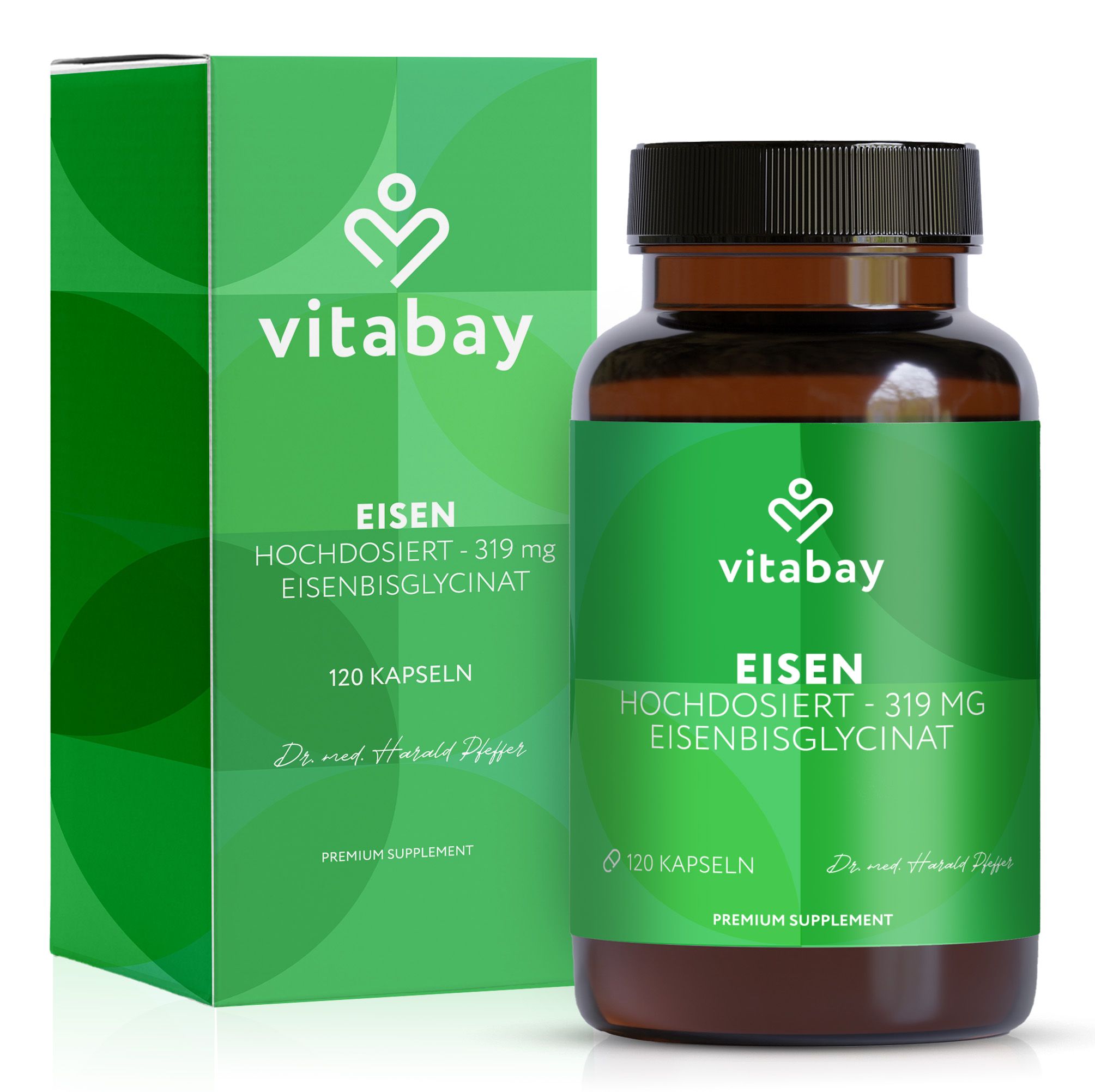Vitabay Eisen Aktiv capsulefles en kartonnen verpakking met 120 capsules.