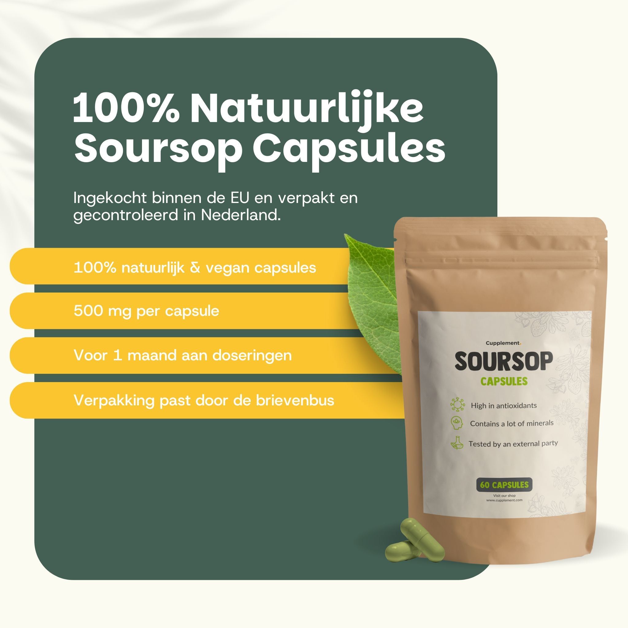 Zakje met soursop capsules en twee capsules. Tekst: 100% natuurlijke en vegan capsules, 500 mg per capsule.