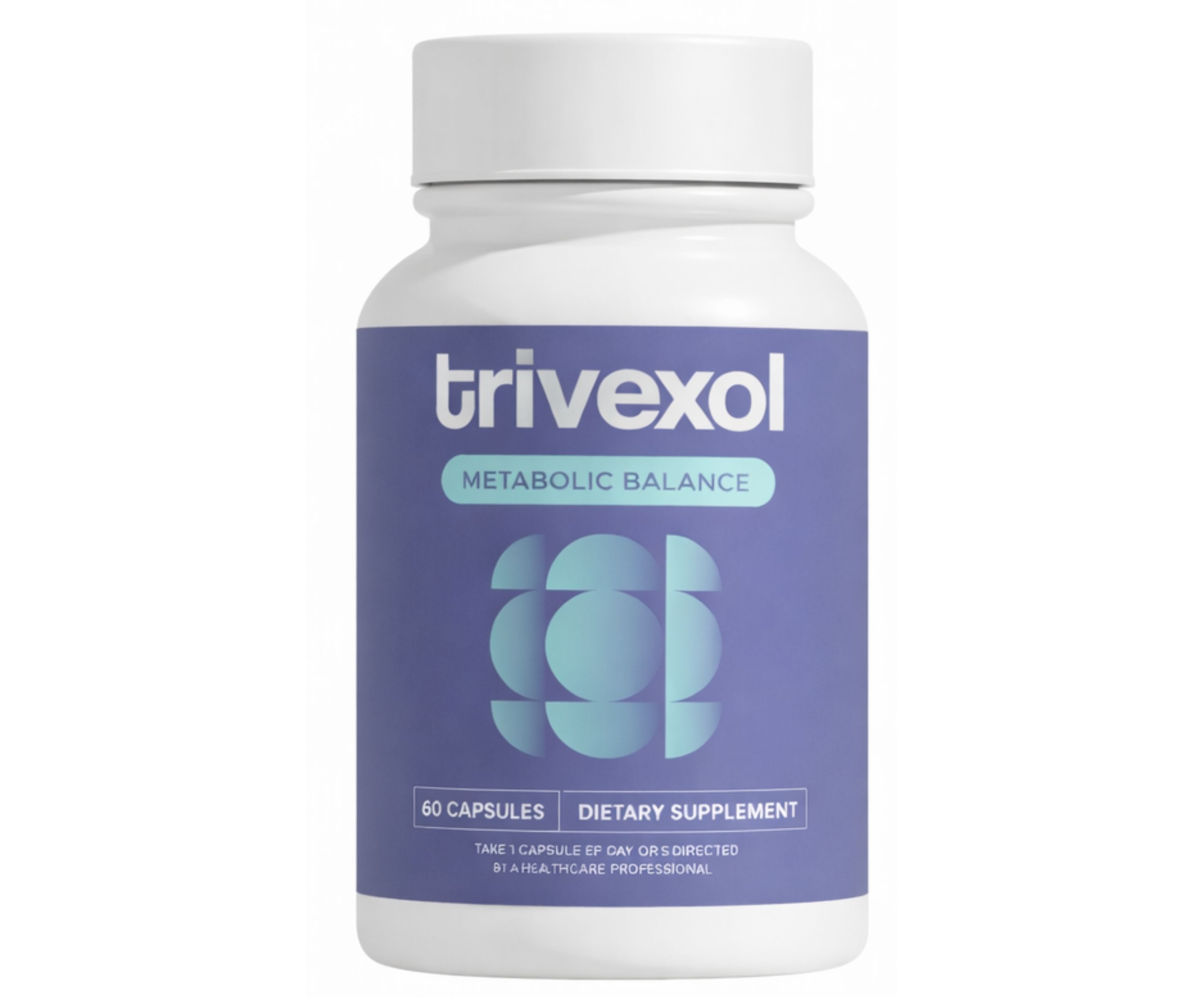 Witte fles met blauw etiket. Opschrift: Trivexol, Metabolic Balance. Bevat 60 capsules. Voedingssupplement.