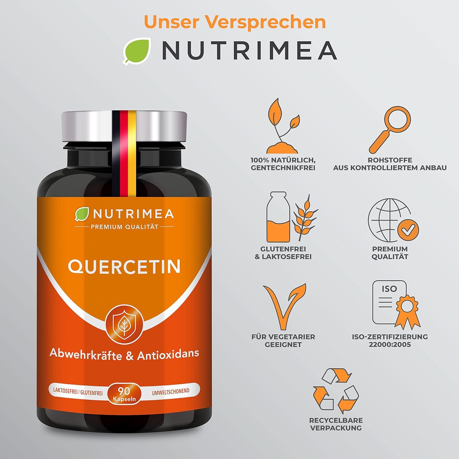 Flacon QUERCETIN avec logo et texte. Graphiques illustrant : naturel, sans OGM, sans gluten, sans lactose, végétarien, qualité supérieure, certification ISO, recyclable.