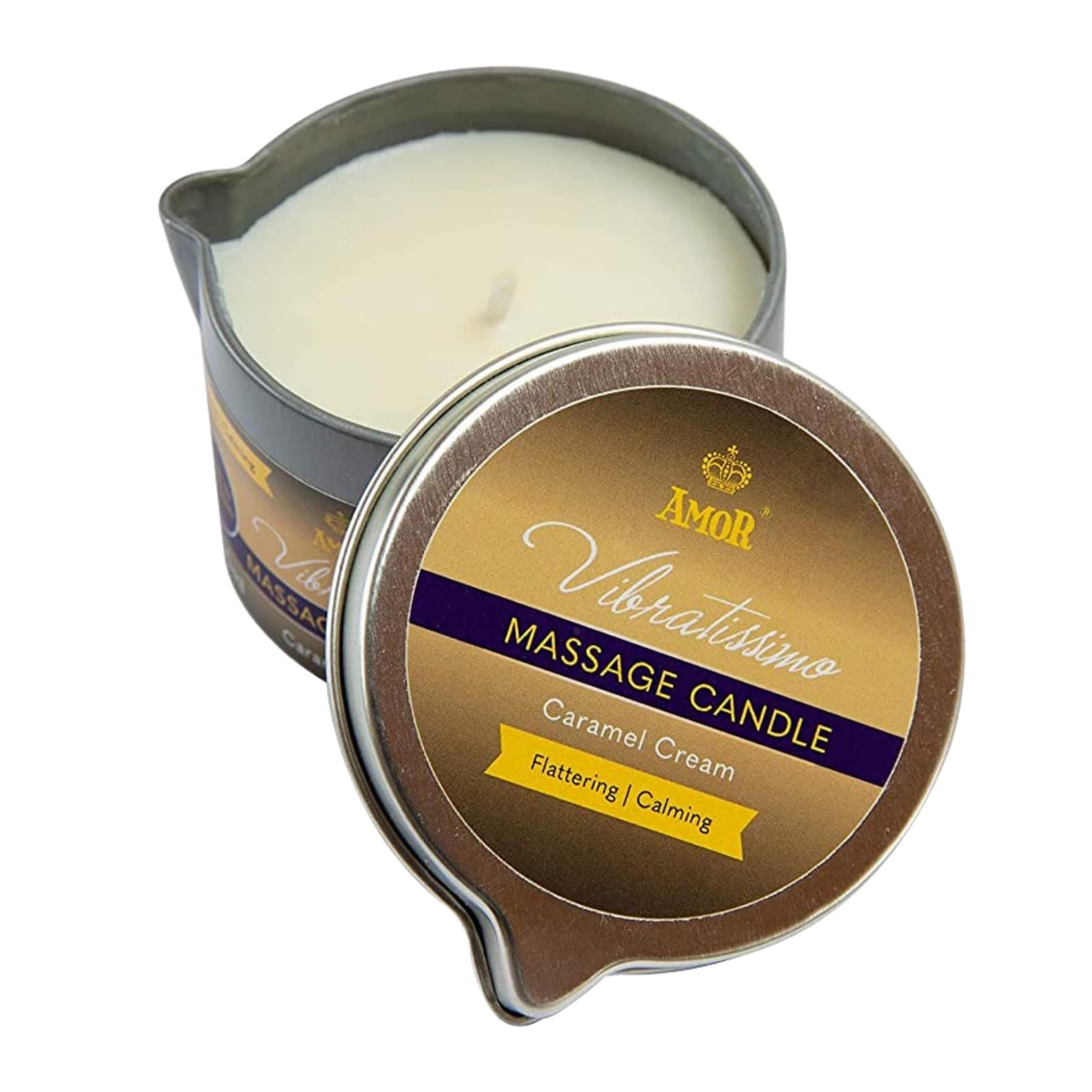 Vibratissimo Massagekaars Caramel Cream in metalen blik, deksel open.