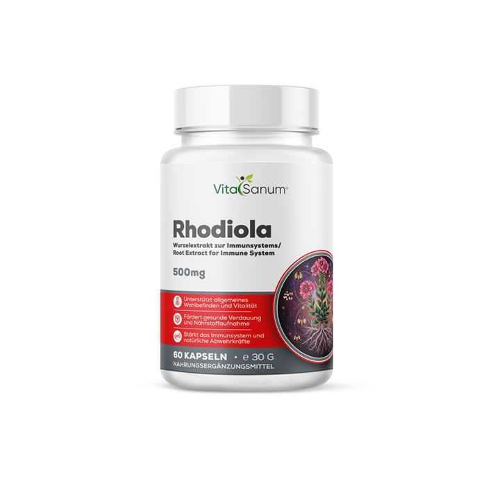 Flacon blanc VitaSanum Rhodiola. Étiquette rouge avec texte. 60 gélules. 500mg. Illustration de plante de rhodiola.