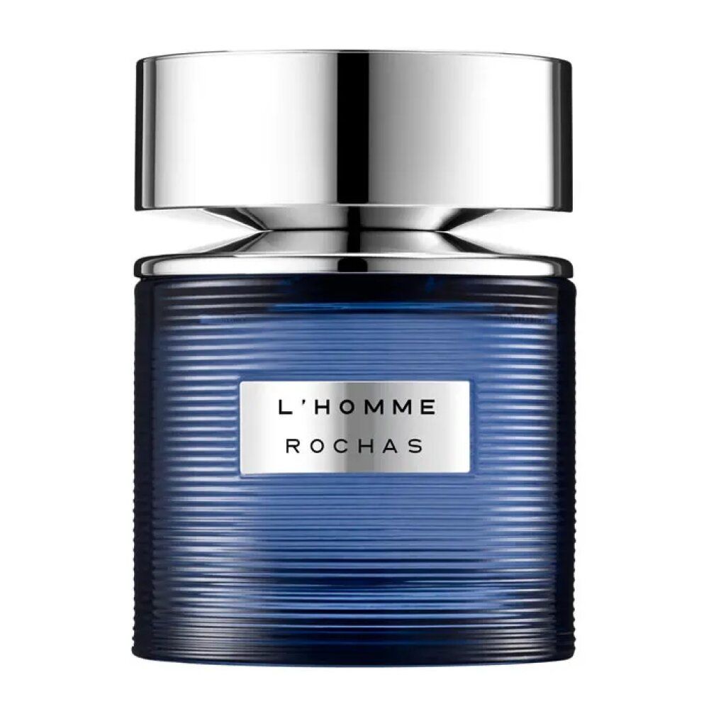 Flacon L'Homme Rochas Eau de Toilette avec bouchon argenté et verre bleu côtelé.