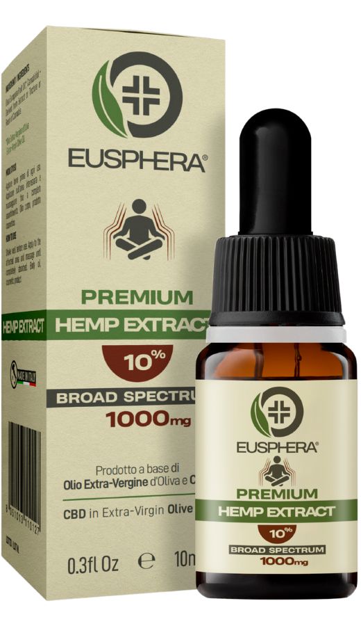 Flacon en verre brun avec compte-gouttes. Inscription : EUSPHERA, Premium Hemp Extract, 10%, 1000mg. Emballage avec logo et texte.