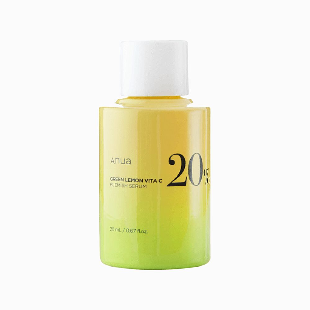 Groen-gele serumfles met witte dop. Opschrift: ANUA Green Lemon Vita C Blemish Serum, 20%, 20 ml / 0.67 fl.oz.
