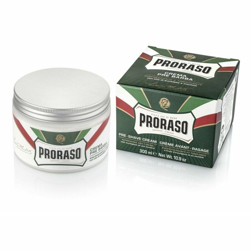 Witte pot en groene doos. Opschrift PRORASO. Tekst: PRE-SHAVE CREAM. Met eucalyptus en menthol. 300 ml. Net Wt. 10.9 oz.