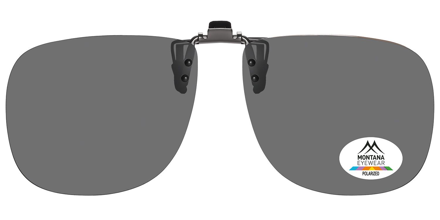 Lunettes de soleil clip-on Montana Eyewear Miami, verres gris. Logo ovale avec texte et symbole de polarisation.