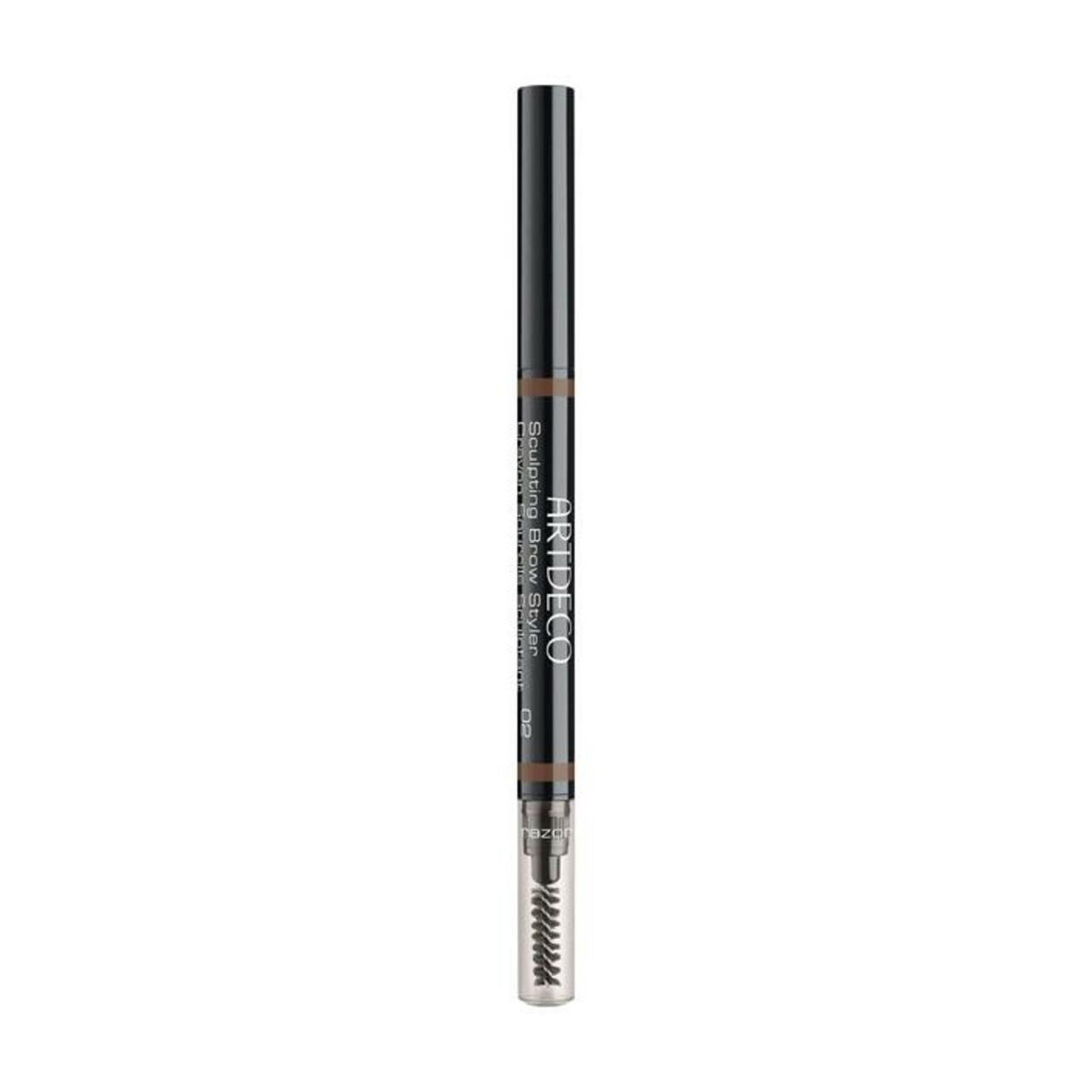 Artdeco Sculpting Brow Styler. Donkerbruin wenkbrauwpotlood met borstel. Zwart potlood met zilveren tekst.