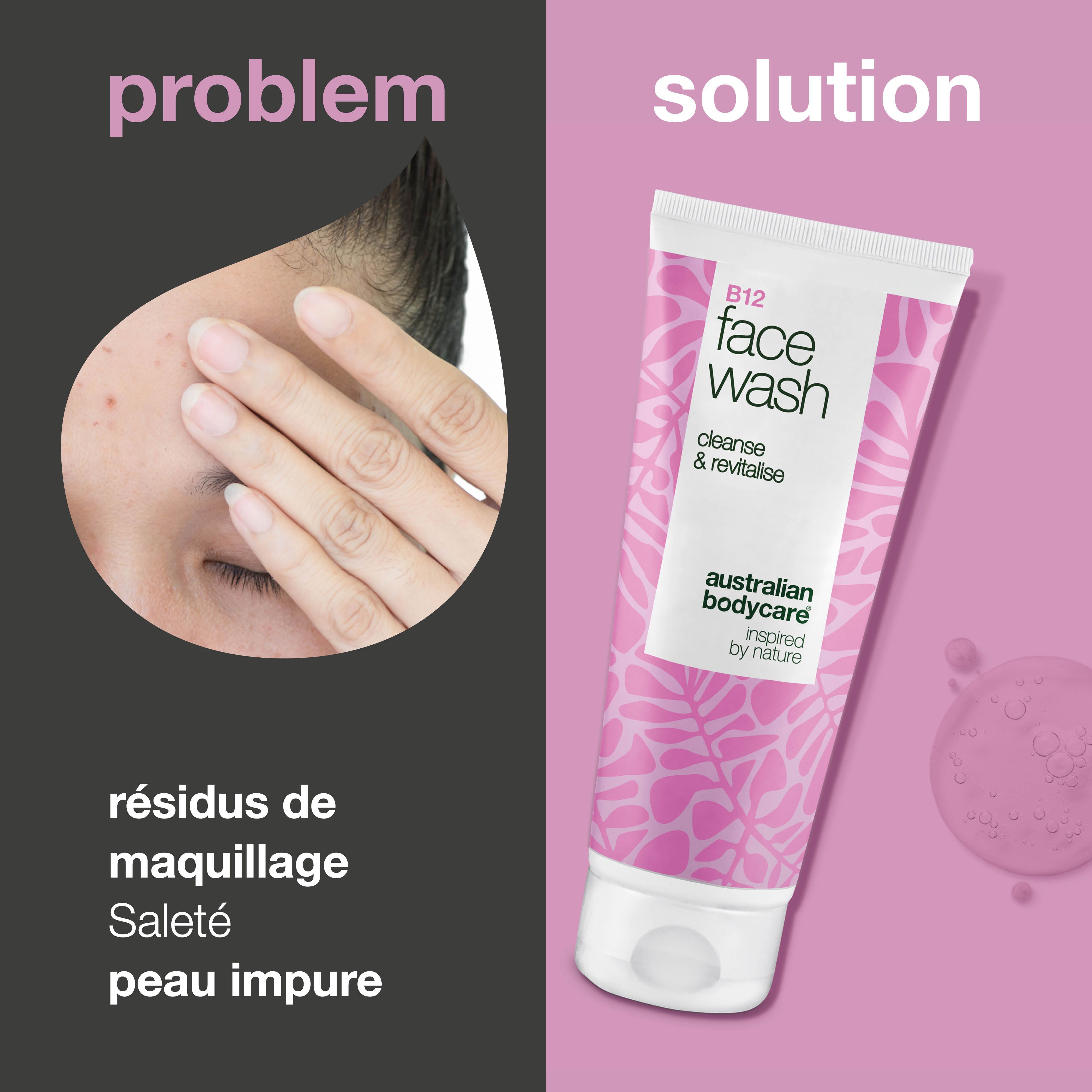 Visage avec imperfections à côté d'un tube de nettoyant visage. Inscription : B12 Face Wash, Australian Bodycare.