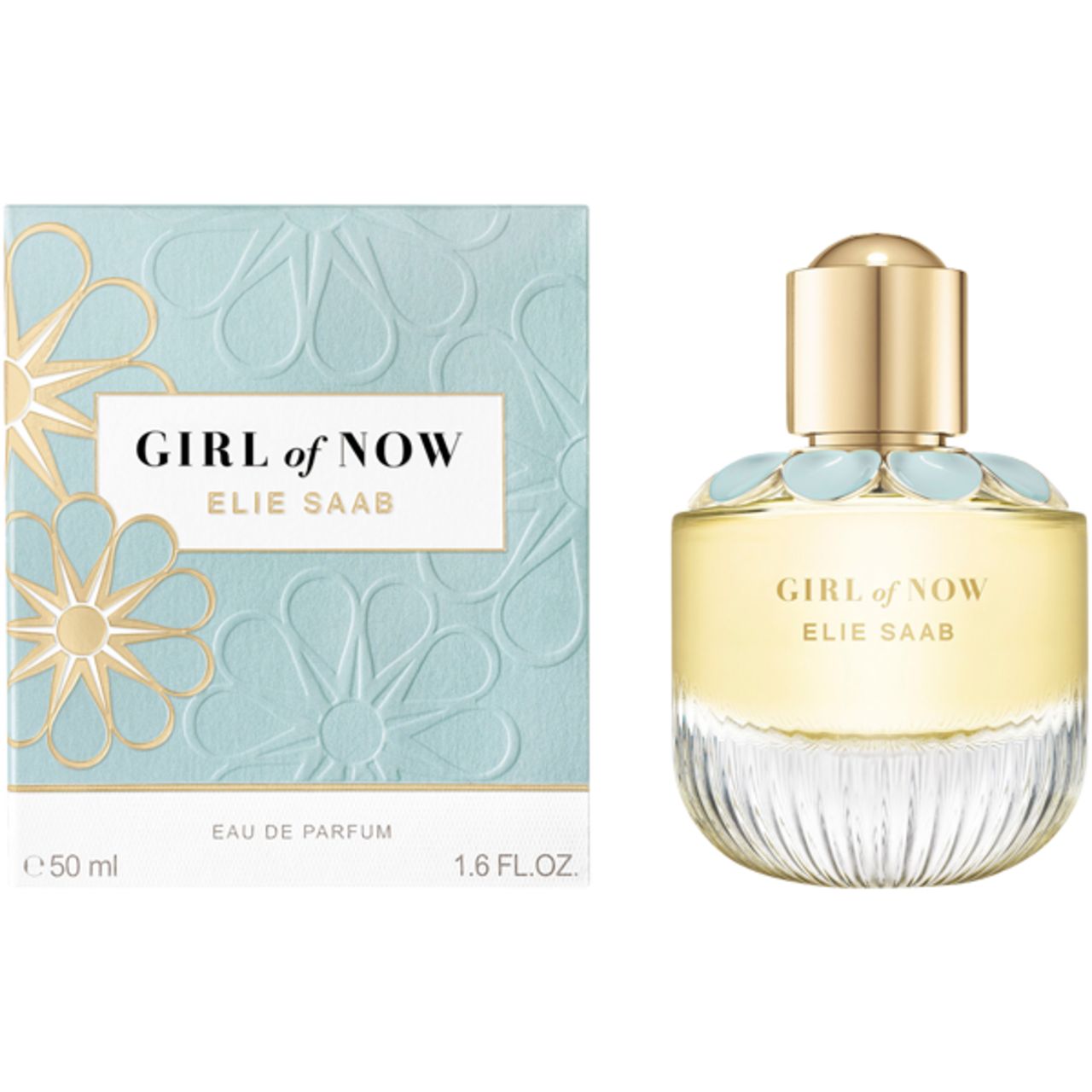 Flacon de parfum et boîte. Inscription : GIRL of NOW, ELIE SAAB. Boîte avec motif floral et texte.