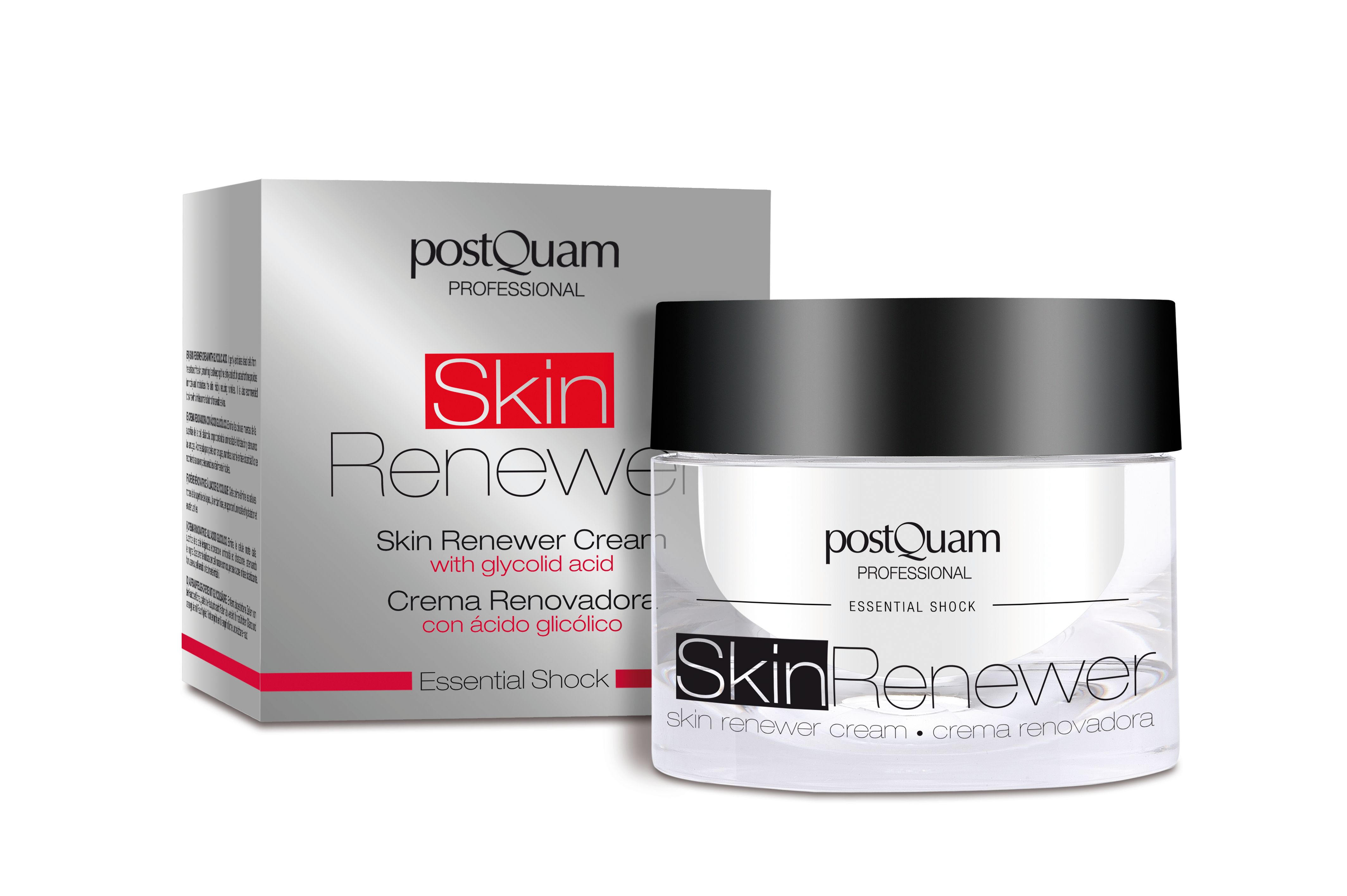 Crèmepot met zwarte deksel en doos. Opschrift Skin Renewer en PostQuam Professional. Crème met glycolzuur.