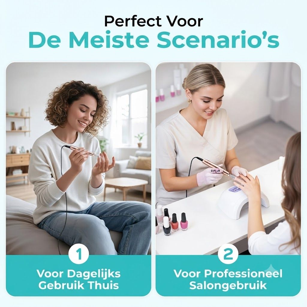 Vrouw met krullend haar gebruikt elektrisch nagelverzorgingsapparaat thuis.