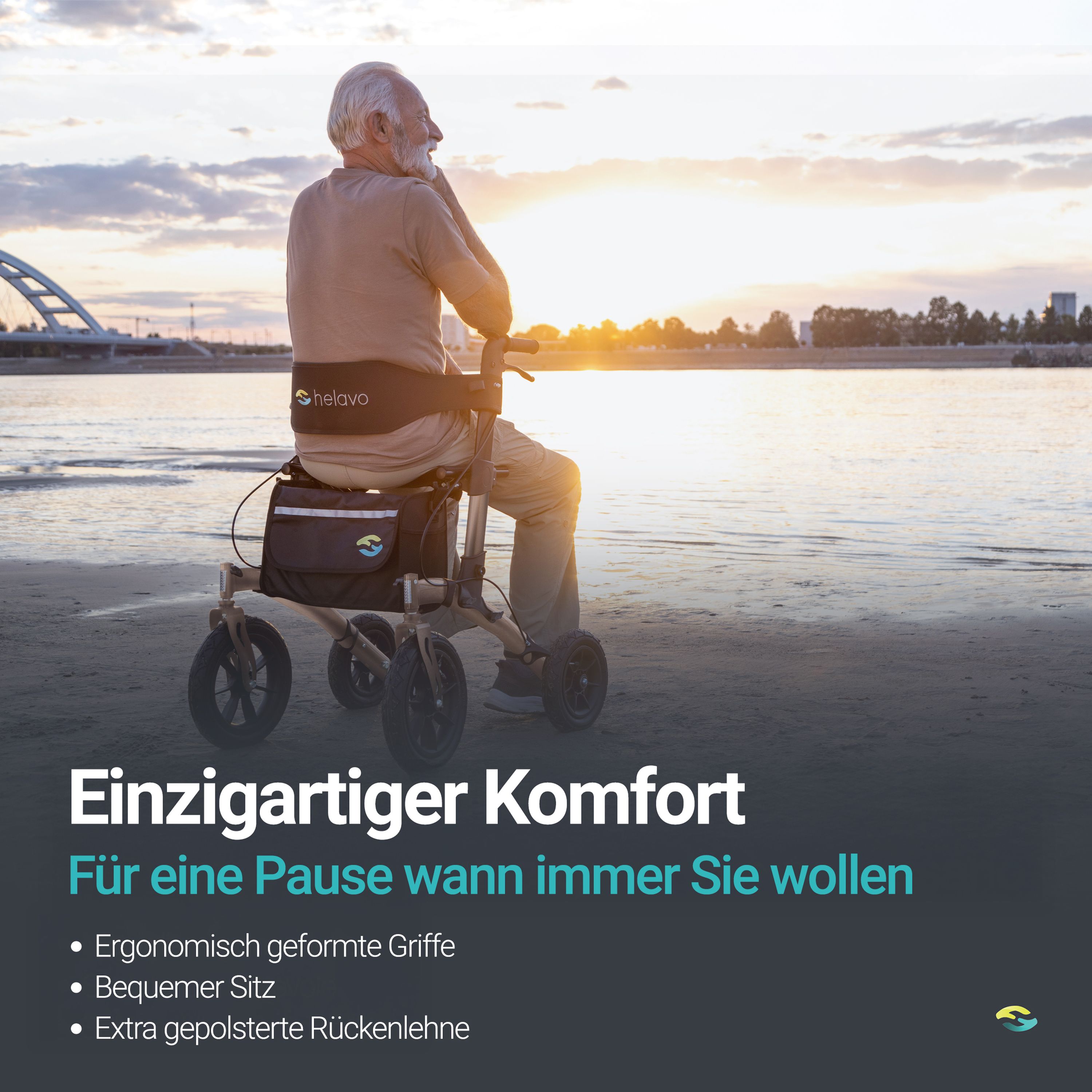 Homme assis sur un rollator avec siège confortable et dossier rembourré au bord de l'eau.