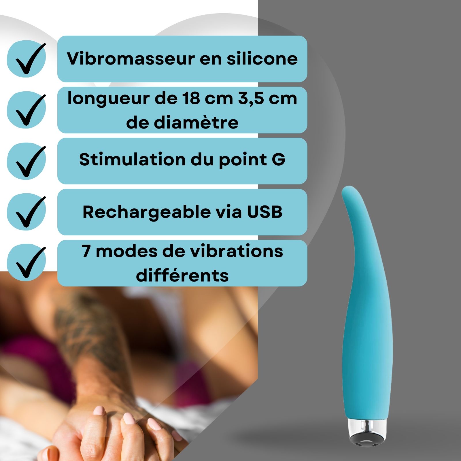 Vibrateur bleu. Texte: Vibrateur en silicone, 18cm, 3,5cm diamètre, stimulation point G, USB.