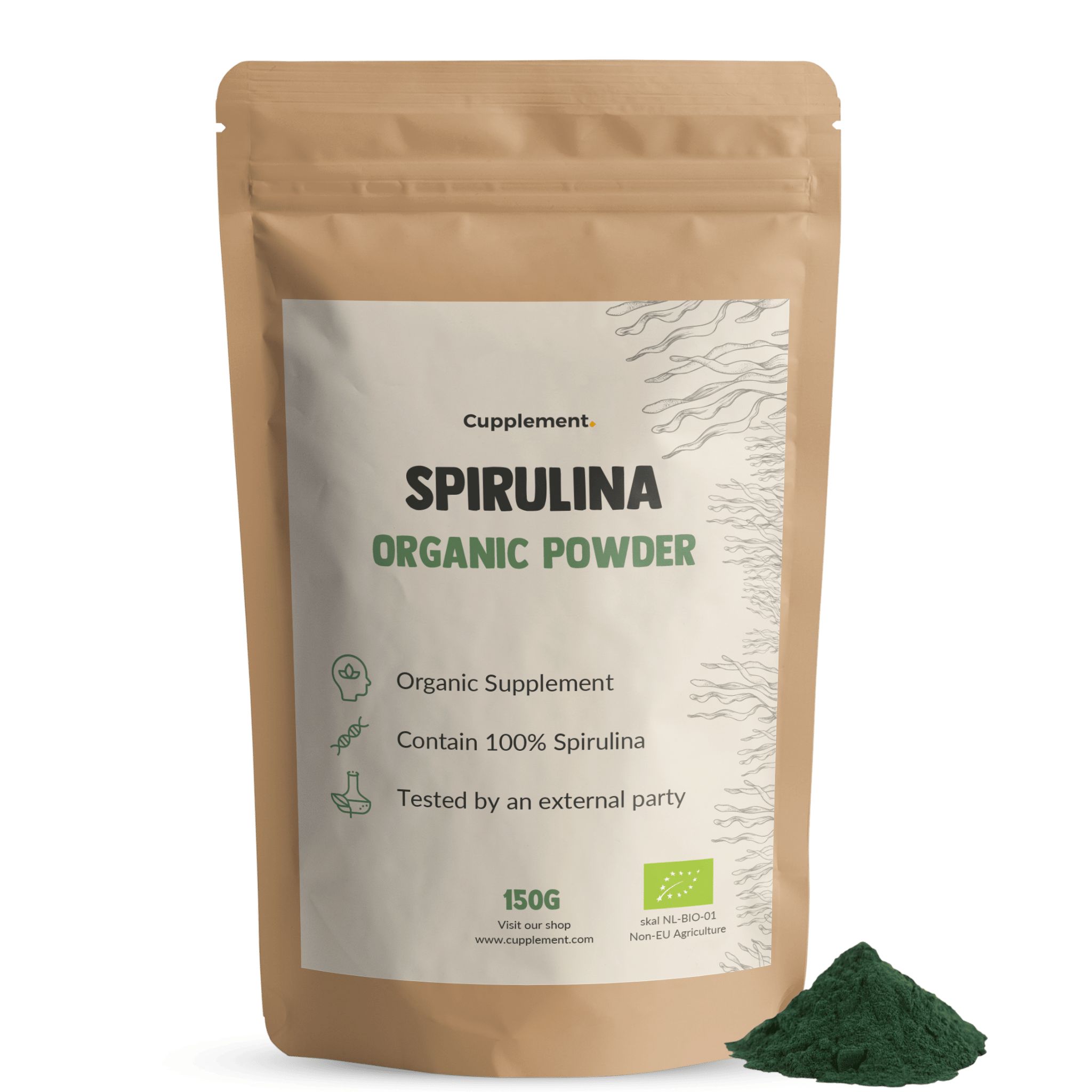 Bruine zak met Spirulina Organic Powder. Groen poeder ernaast. Tekst: Organic Supplement, 150g, EU-biokeurmerk.