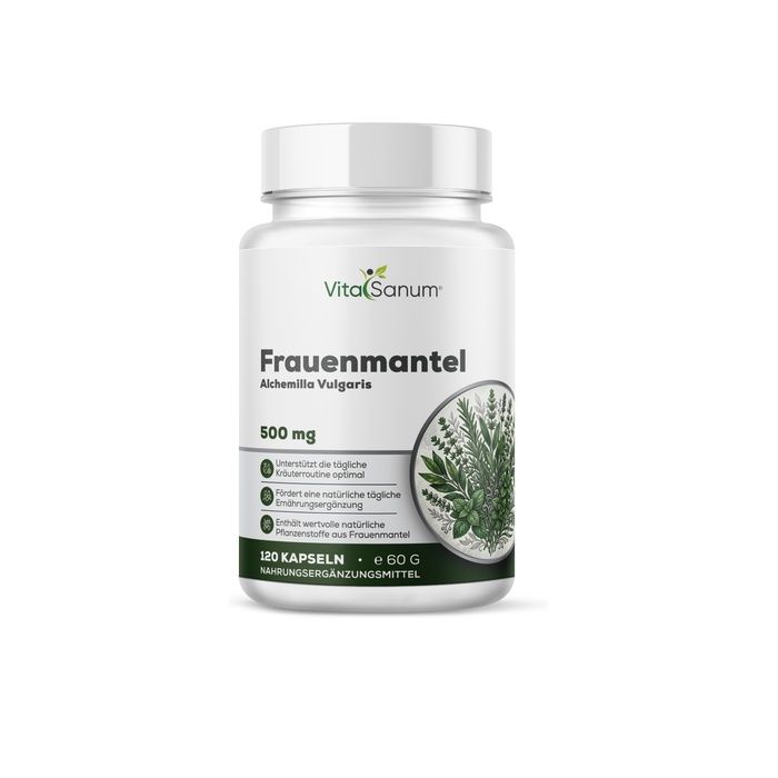 Witte capsulehouder met witte dop. Voorkant met etiket: VitaSanum Frauenmantel Alchemilla Vulgaris 500 mg, 120 capsules.