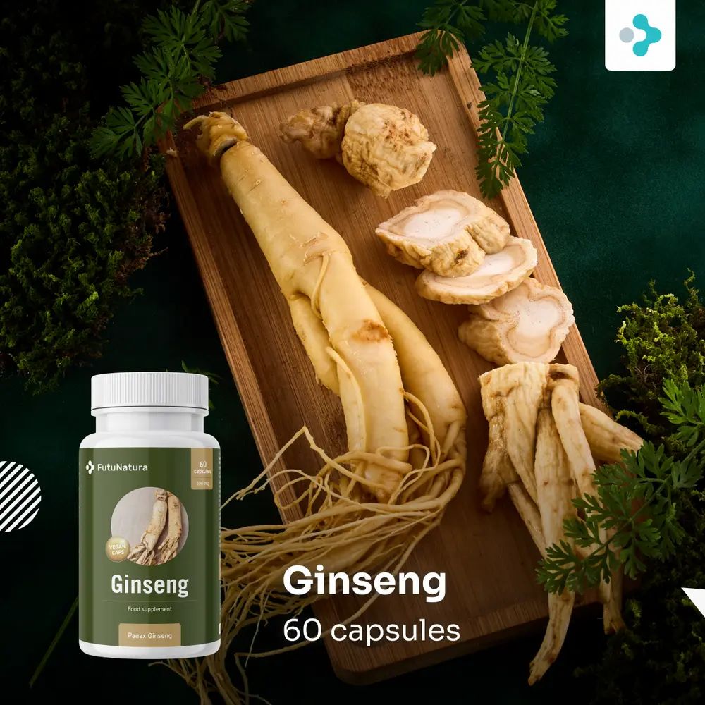 Ginsengwortels en -schijfjes op houten plank. Fles FutuNatura Ginseng. Opschrift: Ginseng, 60 capsules.
