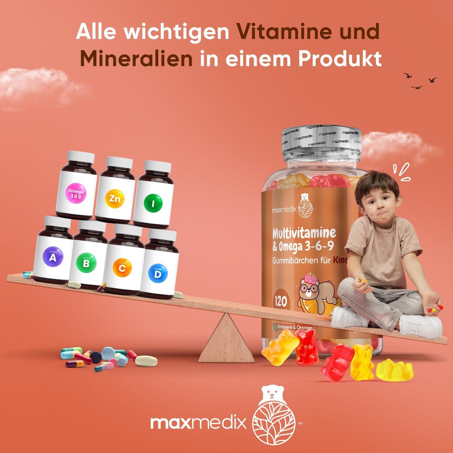 Kind met multivitamine gummies en andere vitaminecontainers. Tekst: Alle belangrijke vitaminen en mineralen in één product.