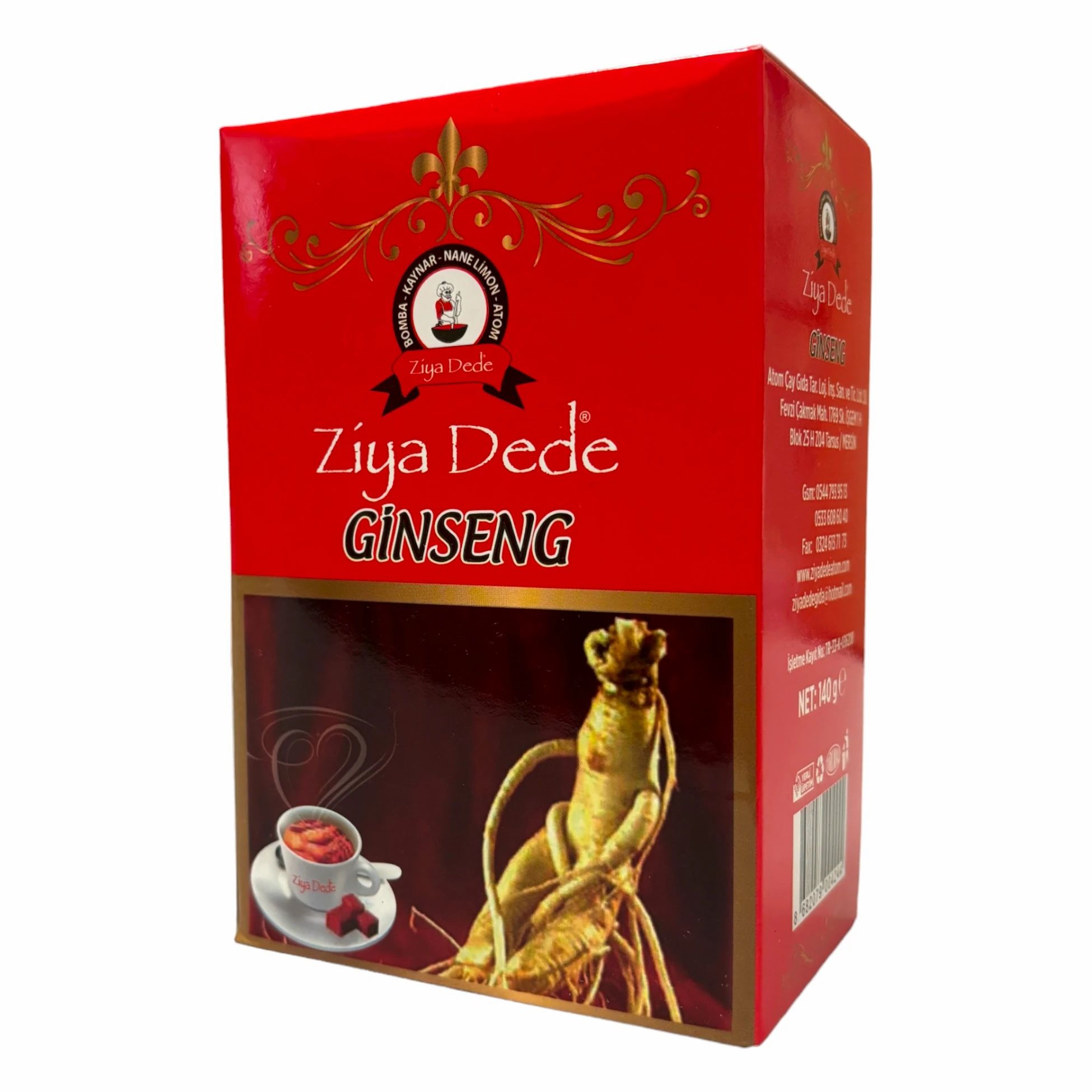 Boîte rouge "Ziya Dede Ginseng" avec illustration de racine de ginseng et tasse de thé. Texte en turc.