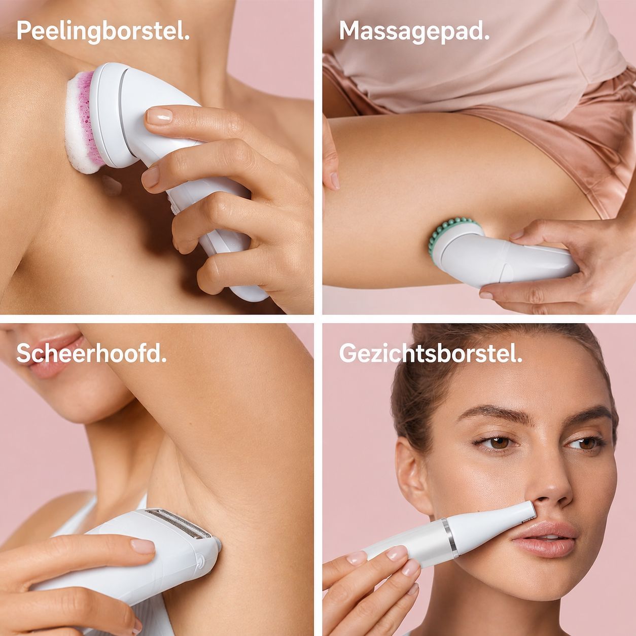 Witte peelingborstel met roze borstels op de schouder