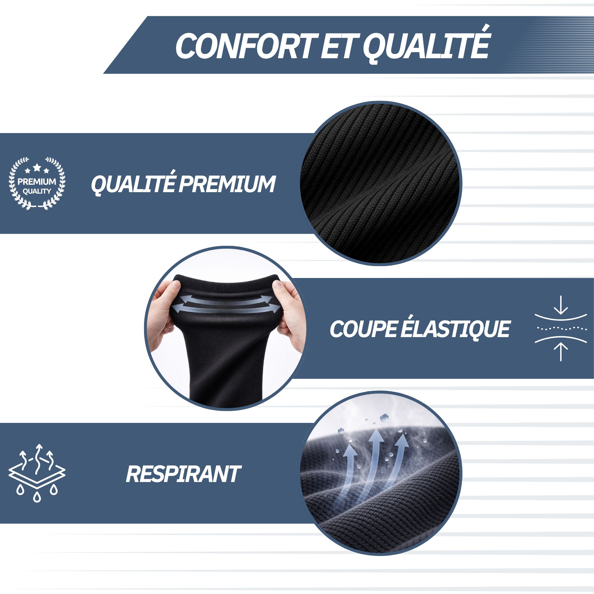 Chaussettes de compression noires avec bordure élastique et matière respirante.