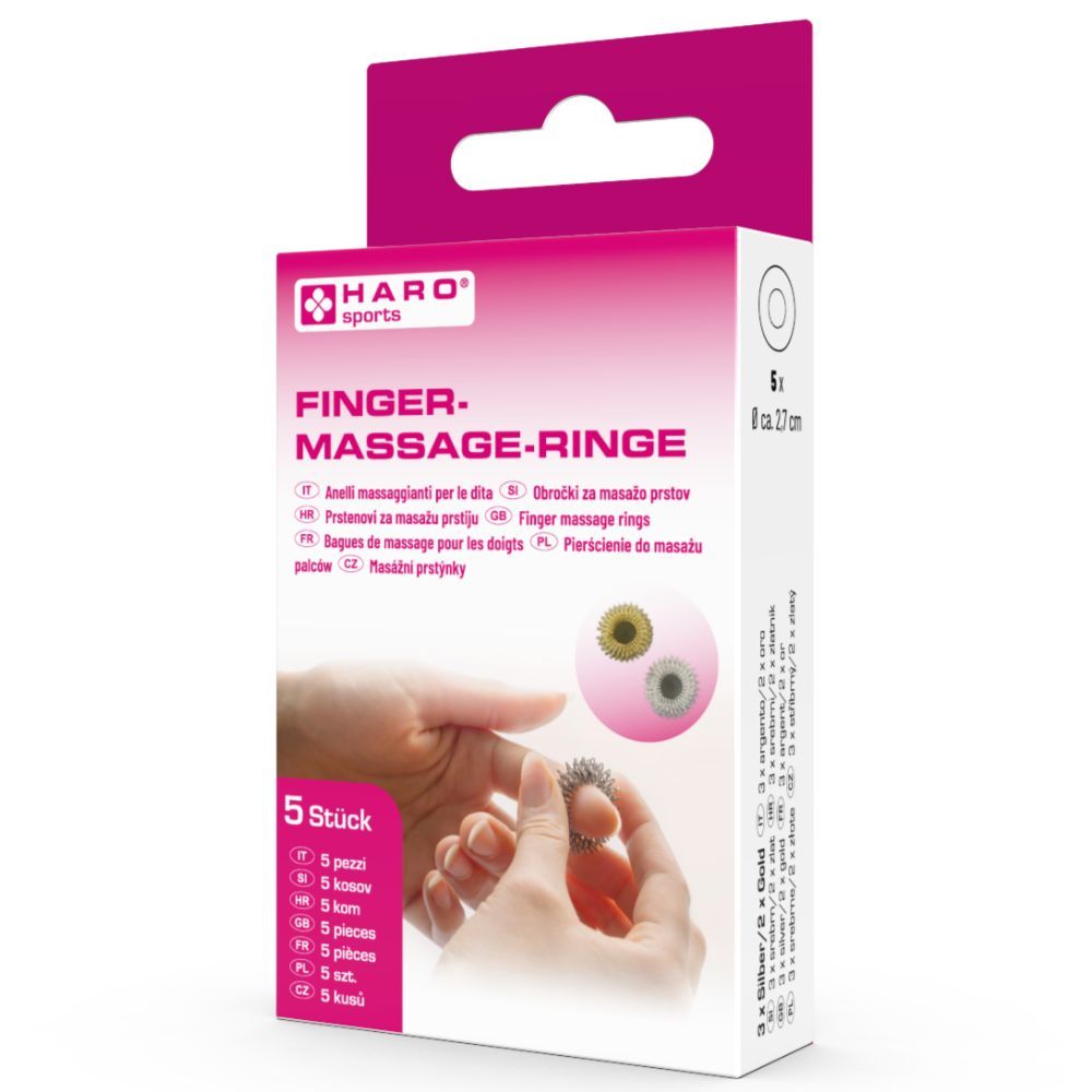 Haro Fingermassage-Ringe en boîte. Cinq anneaux, emballage rose avec image et texte du produit.