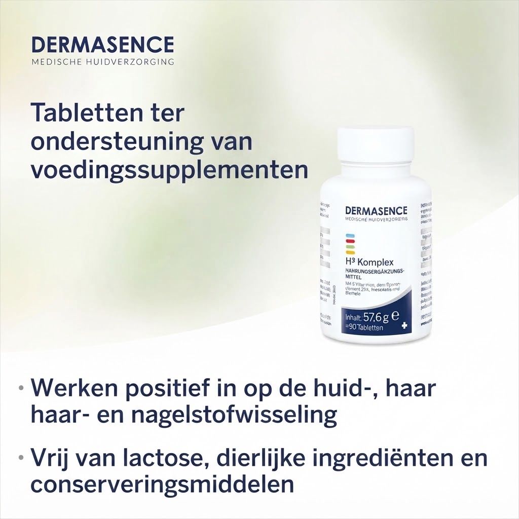 Witte fles met Dermasence H³ Komplex voedingssupplement, 57,6g, 90 tabletten.