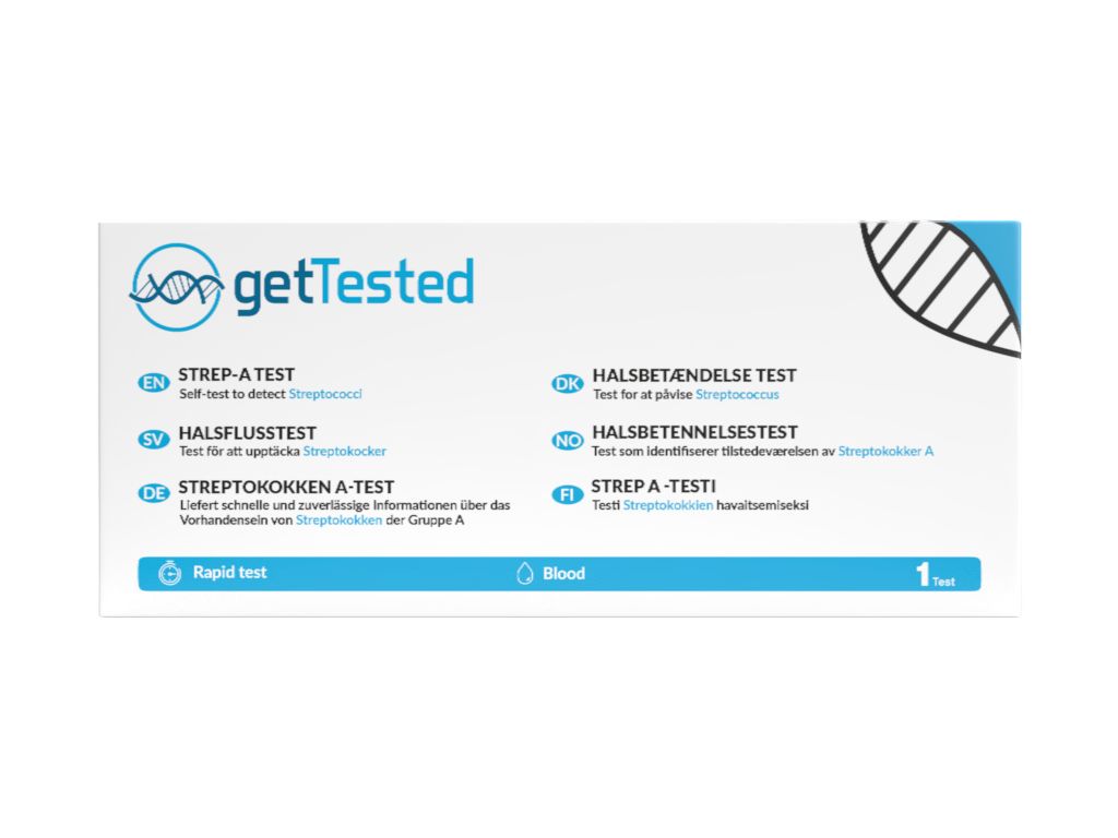 Emballage du test GetTested Streptocoque A. Contient un test. Inscription : STREPTOKOKKEN A-TEST. Test rapide avec du sang.