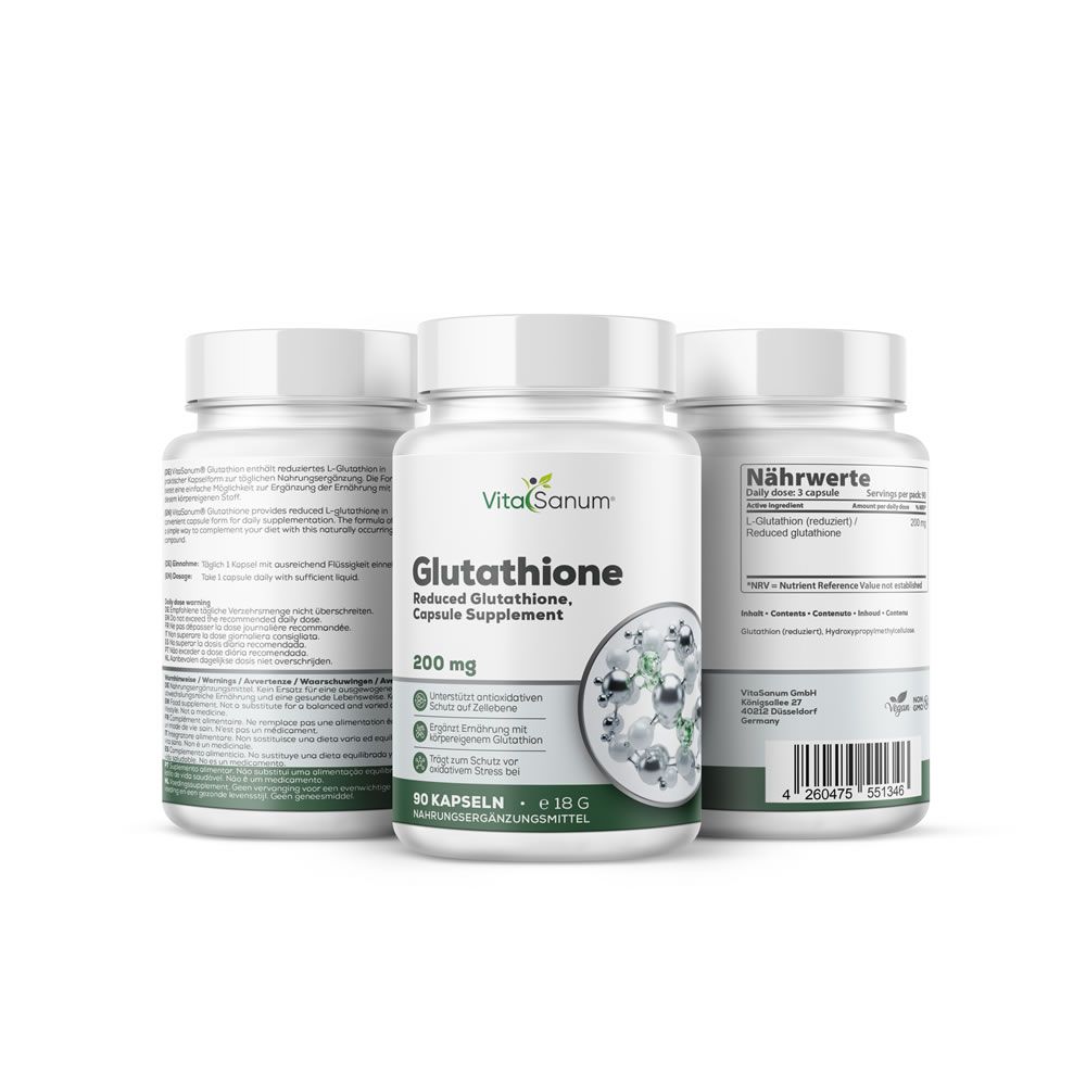 VitaSanum® Glutathion capsules, 200 mg, 90 stuks, met voedingswaardegegevens.