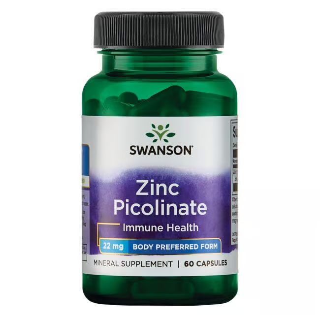 Groene fles, zwarte dop. Opschrift: SWANSON Zinkpicolinaat 22 mg, 60 capsules. Voor immuungezondheid.