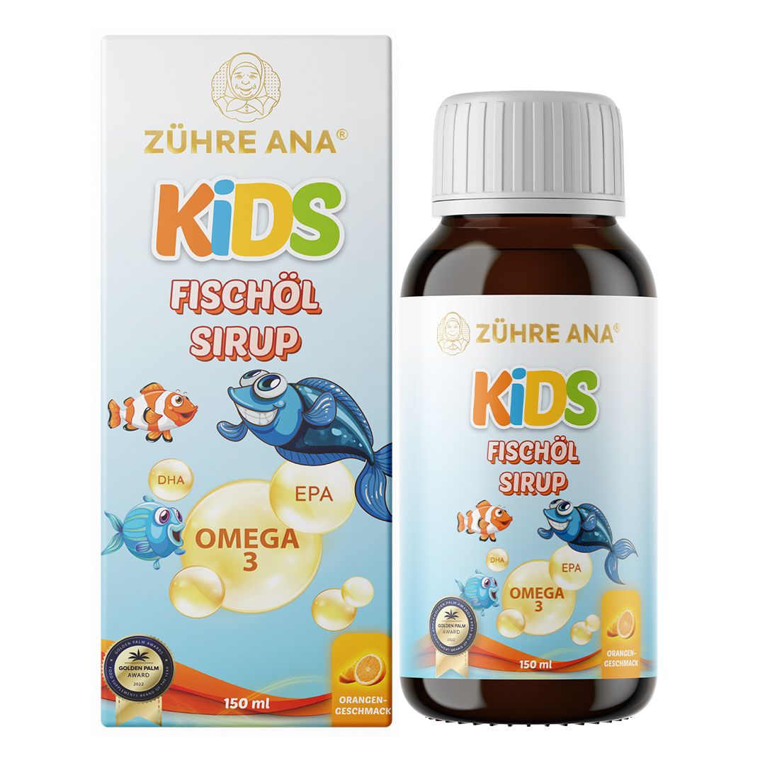 Zühre Ana Kids Fischöl Sirup fles en doos met vis- en Omega-3-motieven.