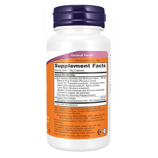 Witte fles met paarse dop. Etiket met productinformatie en ingrediënten. "Supplement Facts" en "NOW FOODS" zichtbaar.