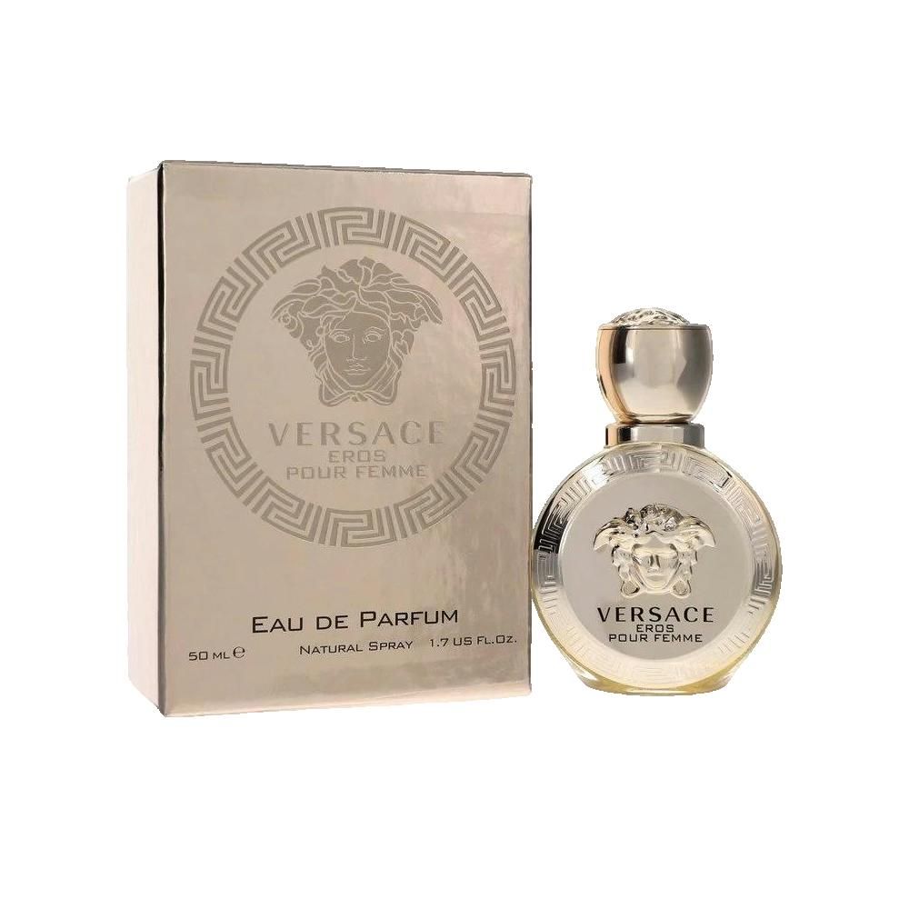 Versace Eros Pour Femme parfumfles en verpakking. Gouden ronde fles. Opschrift: Versace Eros Pour Femme, Eau de Parfum, Natural Spray.