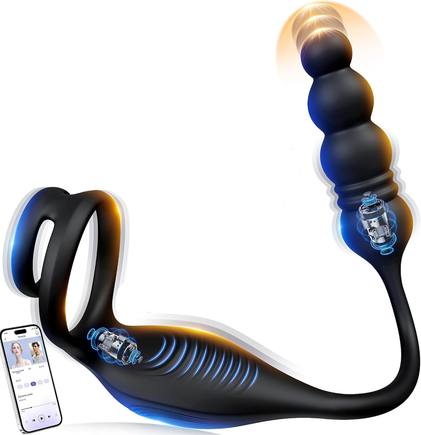 Stimulateur noir avec contrôle par application et moteurs de vibration. Affiche l'interface de l'app.