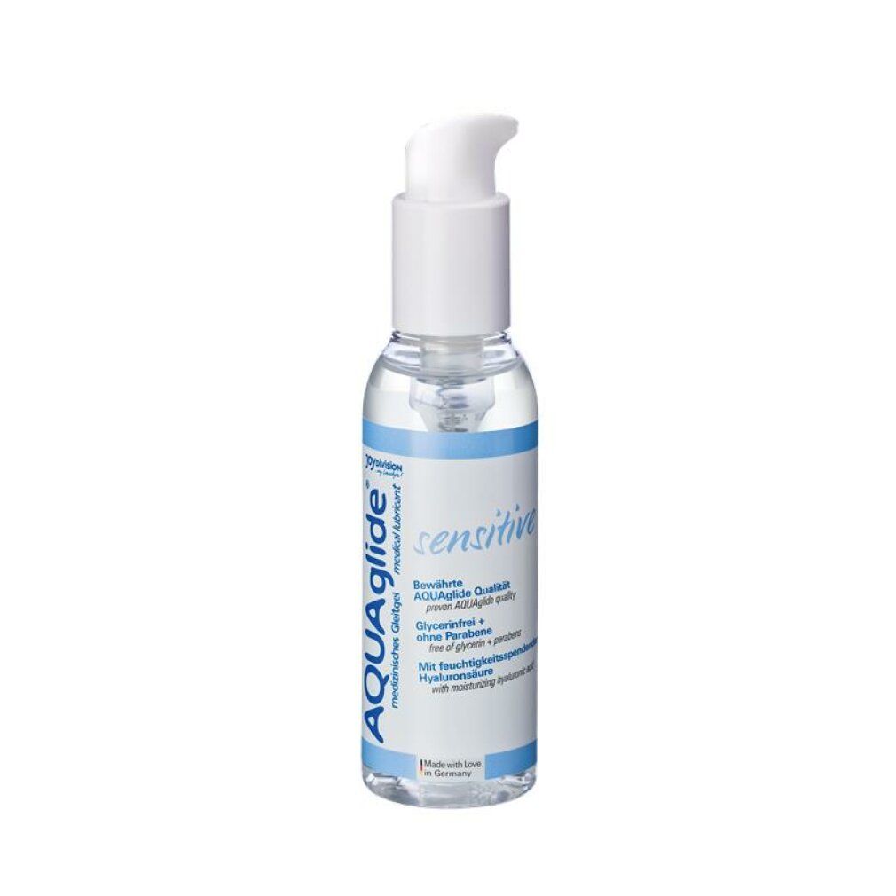 Transparante fles met witte pomp. Opschrift AQUAglide Sensitive. Blauwe band met tekst.