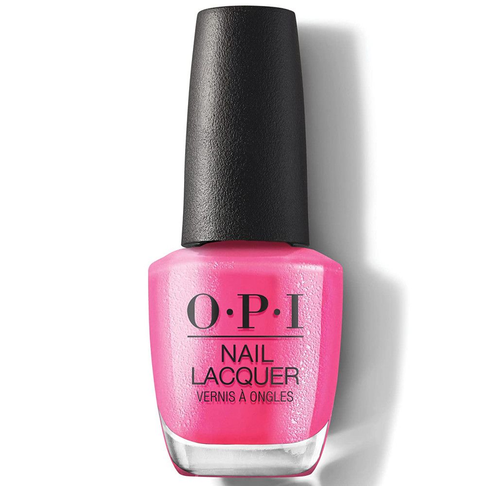 OPI nagellakfles in roze. Zwarte dop. Opschrift: OPI, Nail Lacquer, Vernis à Ongles.