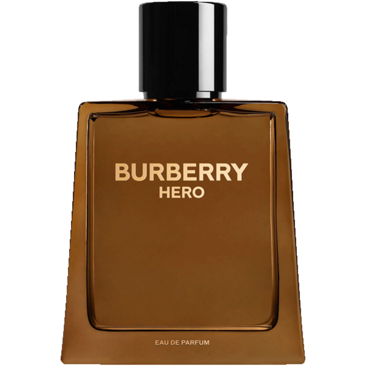 Bruine parfumfles met zwarte dop. Opschrift: BURBERRY HERO. Hoekige vorm.