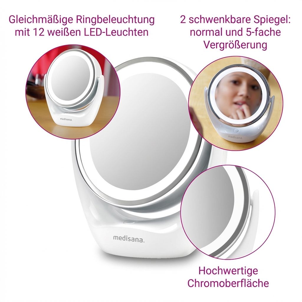 Miroir cosmétique avec éclairage LED, grossissement 5x et finition chromée.