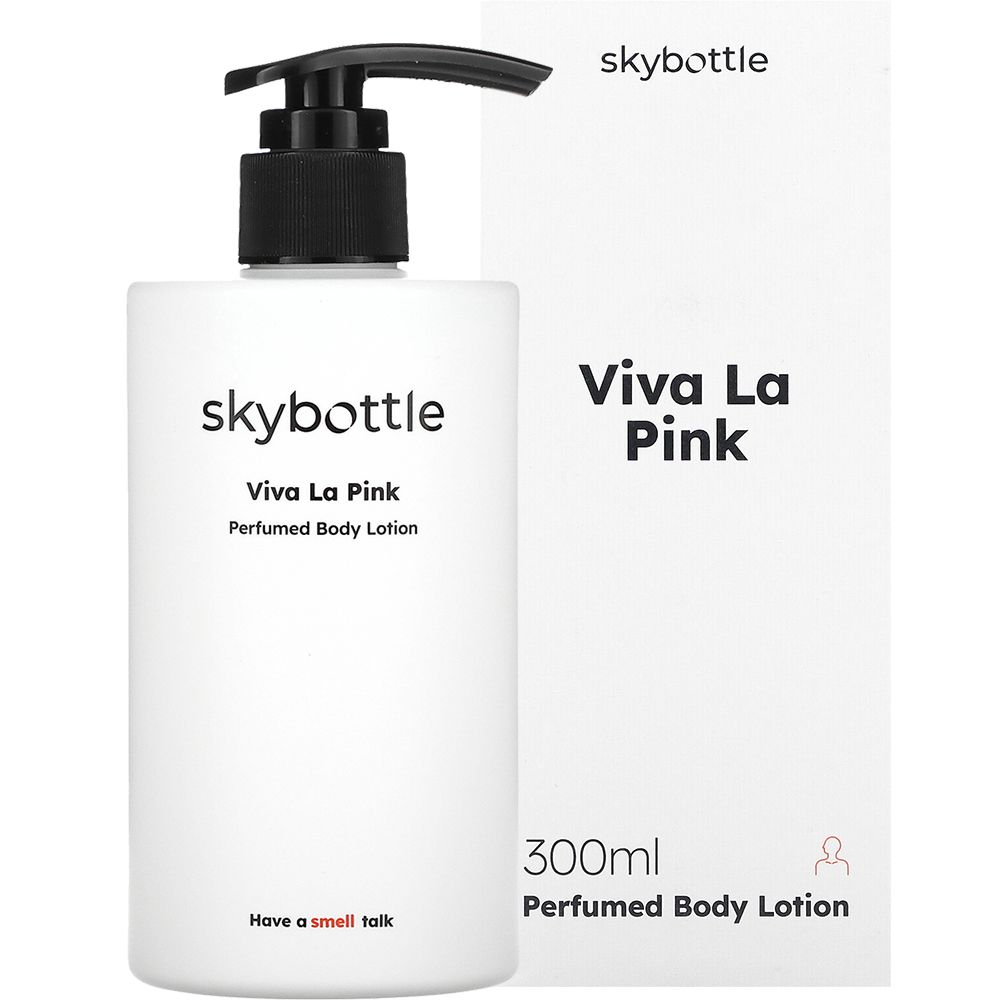 Witte fles met zwarte pomp en verpakking. Opschrift: skybottle, Viva La Pink, Perfumed Body Lotion, 300ml.
