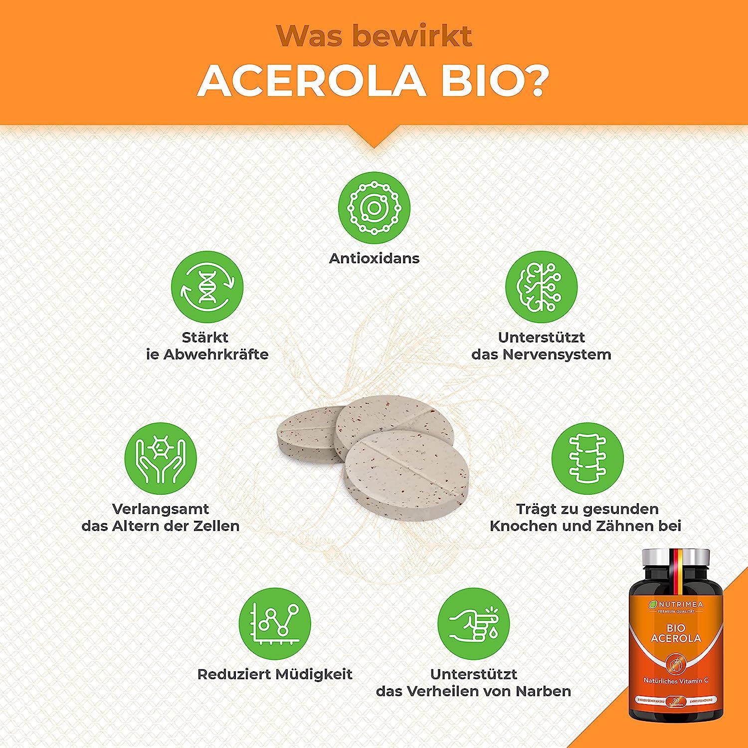 Infographie avec comprimés et icônes. Texte: Que fait ACEROLA BIO ? Antioxydants, renforce les défenses immunitaires, système nerveux, os, dents, etc. Flacon.