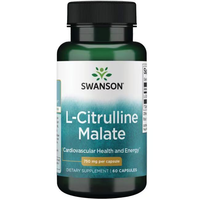 Flacon vert avec bouchon noir. Inscription: SWANSON, L-Citrulline Malate, 750 mg par capsule. 60 capsules.